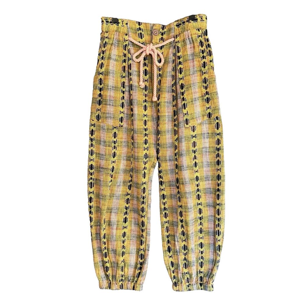 Free People Yellow Plaid Ankle Crop Drawstring Pants